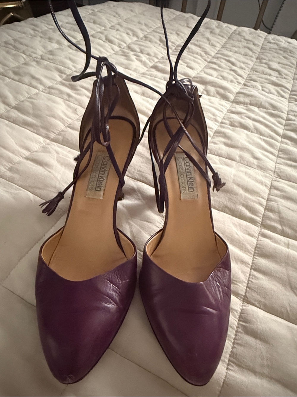 Calvin Klein Plum Leather Pointed Toe Lace-Up Heels